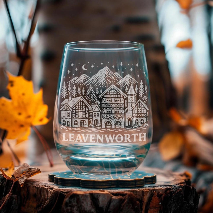 Leavenworth Bavarian Village Etched Stemless Wine Glass
