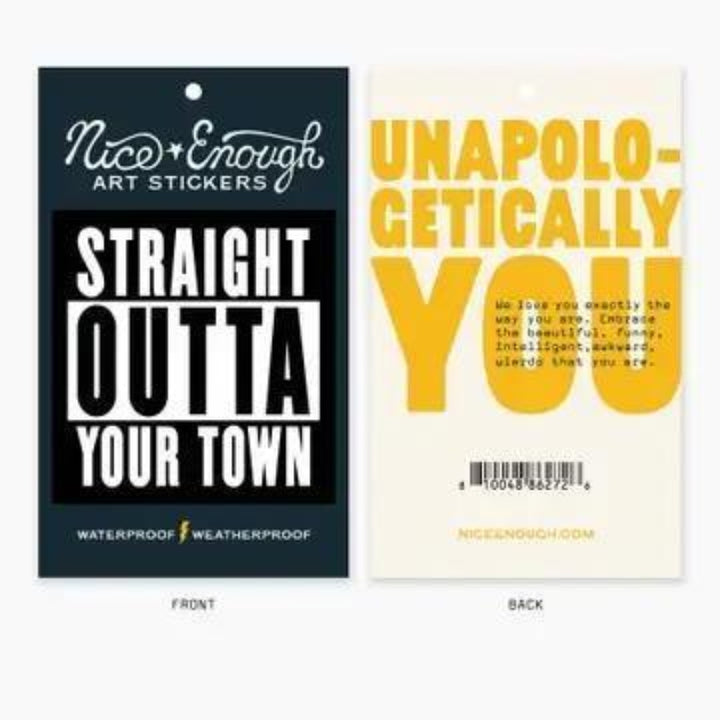 Nice Enough Stickers Straight Outta - 3" Name Drop Sticker | Barcoded | Custom, non-returnable item: Leavenworth