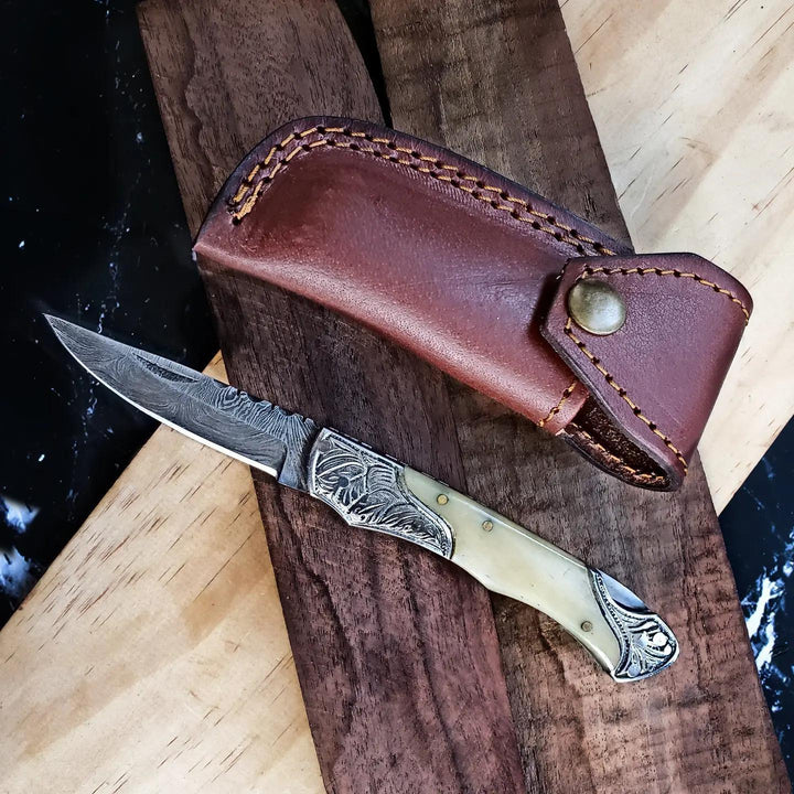 Damascus Camel Bone Folding Knife