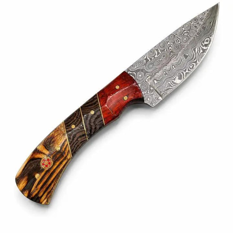 Titan Hand-Forged Damascus Drop Point Skinning Knife – Tiger Bamboo, Wenge &amp; Rosewood