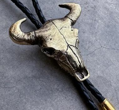 Heliotrope Bull Skull Bolo Tie -Black, 36",  Brass