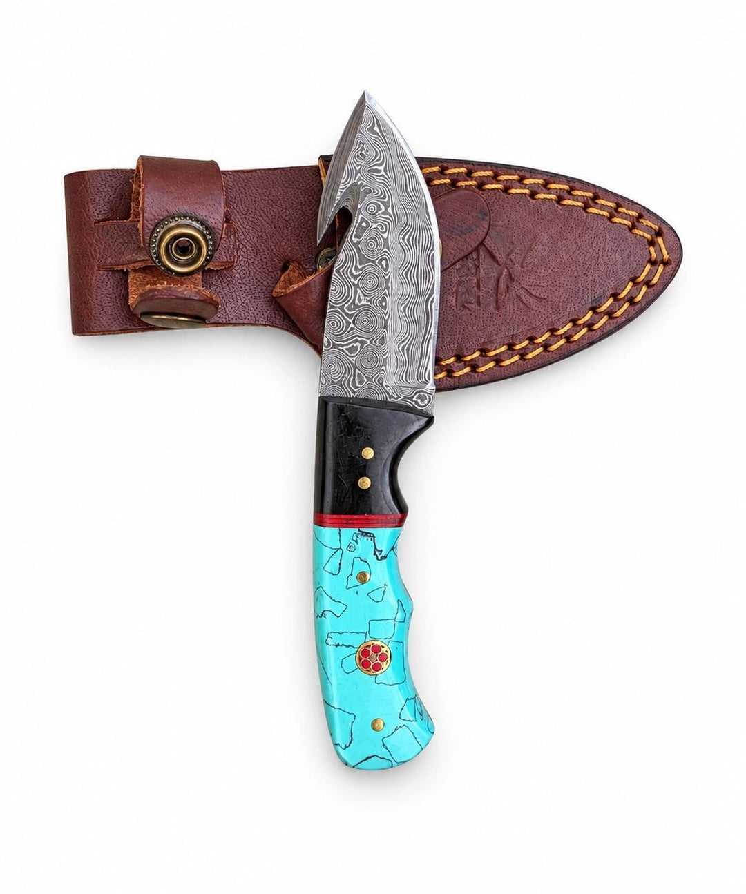 Turquoise Crest Damascus Outdoor Knife with Leather Sheath
