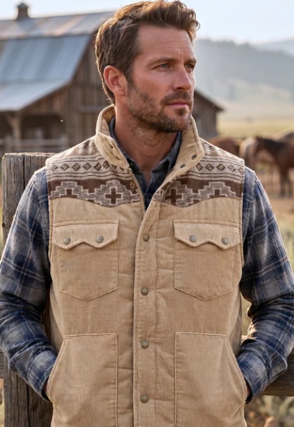 Mens Corduroy Vest with Aztec Western Yokes (M2678)