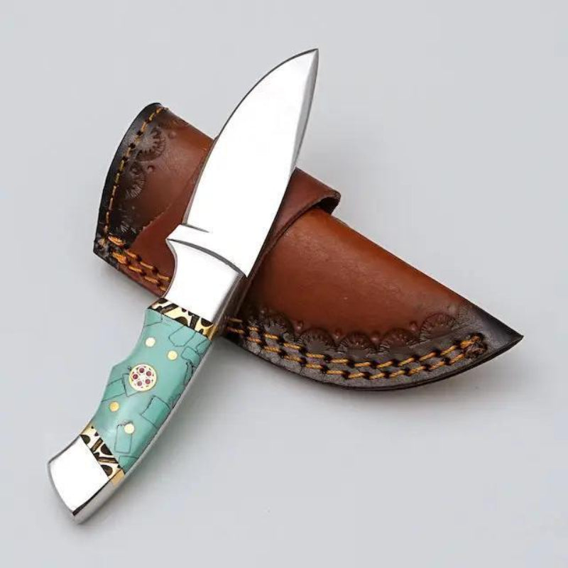 Titan International Custom Stainless Steel Knife with Turquoise Mosaic Handle
&amp; Leather Sheath