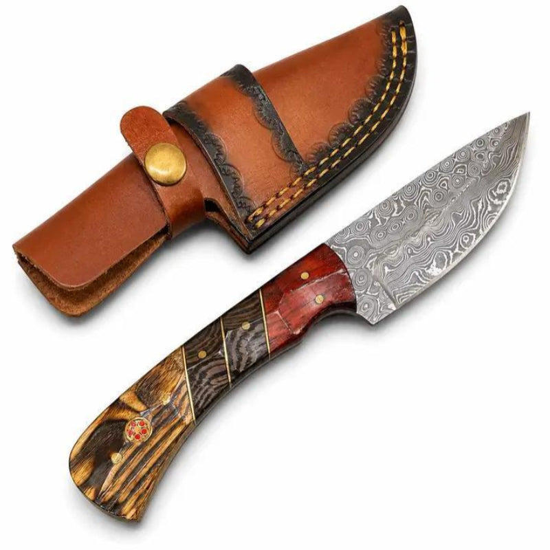 Titan Hand-Forged Damascus Drop Point Skinning Knife – Tiger Bamboo, Wenge &amp; Rosewood