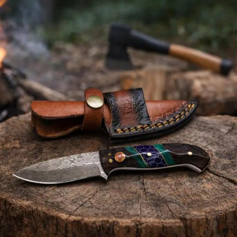 Hand-Forged Damascus Steel Drop Point Outdoor Utility Tool Dark Wood, Green Resin &amp; Purple Honeycomb Handle