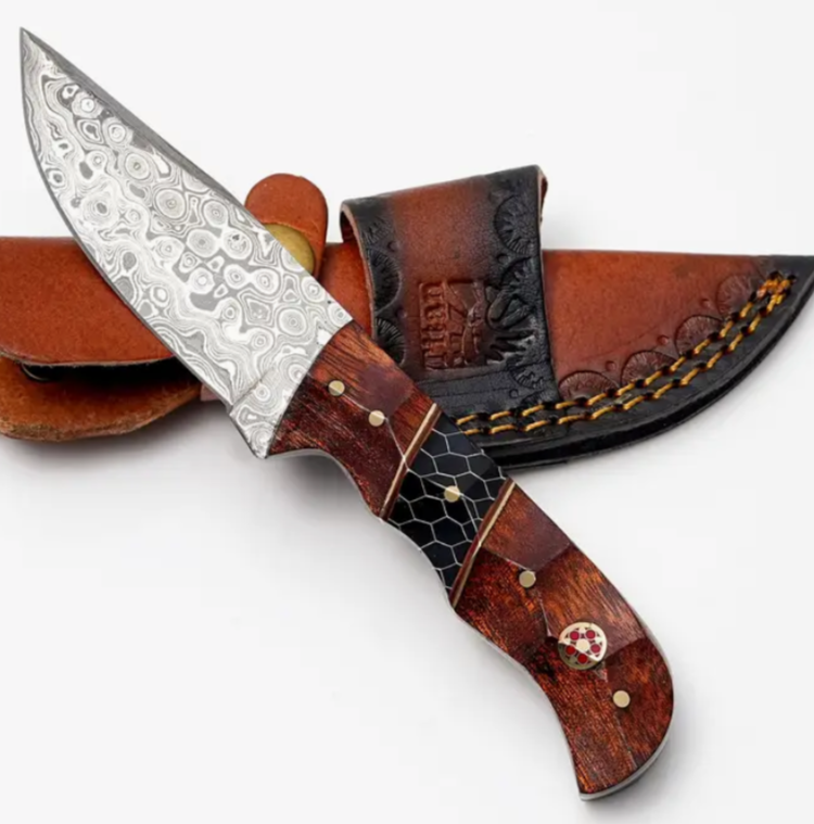 Custom Damascus Steel Drop Point Hunter | Rosewood &amp; Black Honeycomb Handle | Scout Carry Sheath