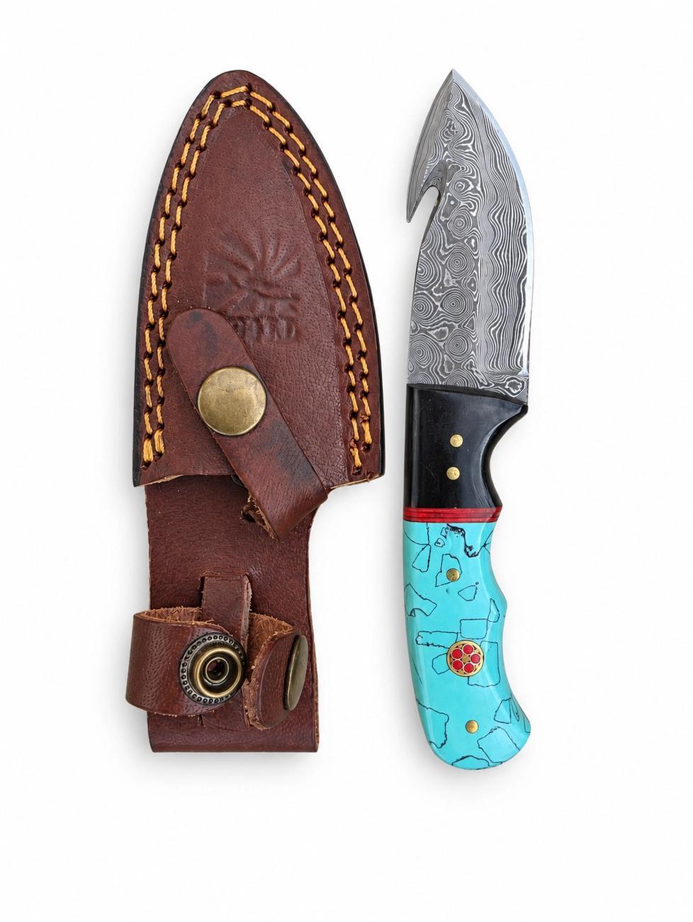 Turquoise Crest Damascus Outdoor Knife with Leather Sheath