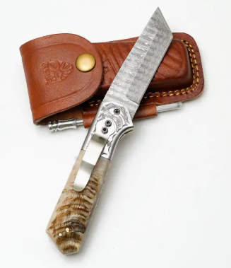 Hand-Forged Damascus Steel Tanto Folding Knife – Artisan Bone Handle with Pocket Clip &amp; Sharpener – Tactical Edc