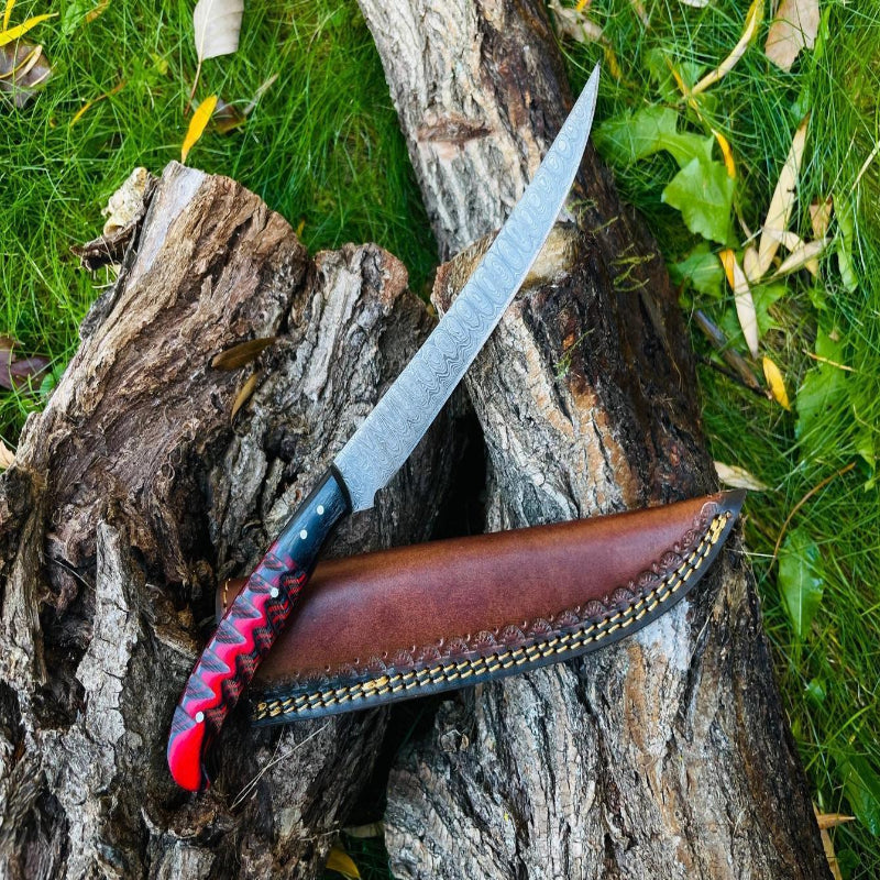 Titan International Damascus Steel Custom Flay Knife with Craved Grips