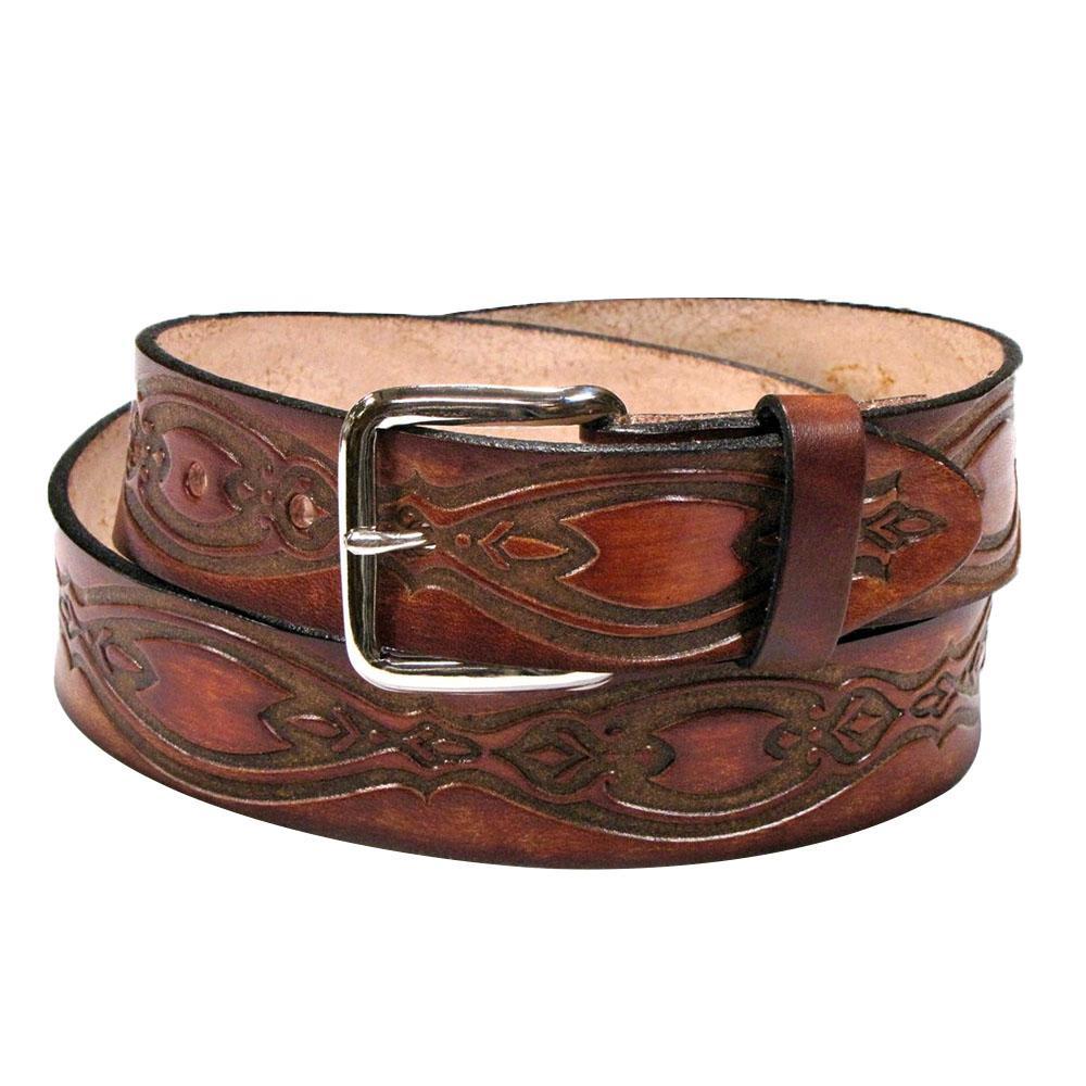 Brown Leather Belt with Ornate Ovals Made in USA