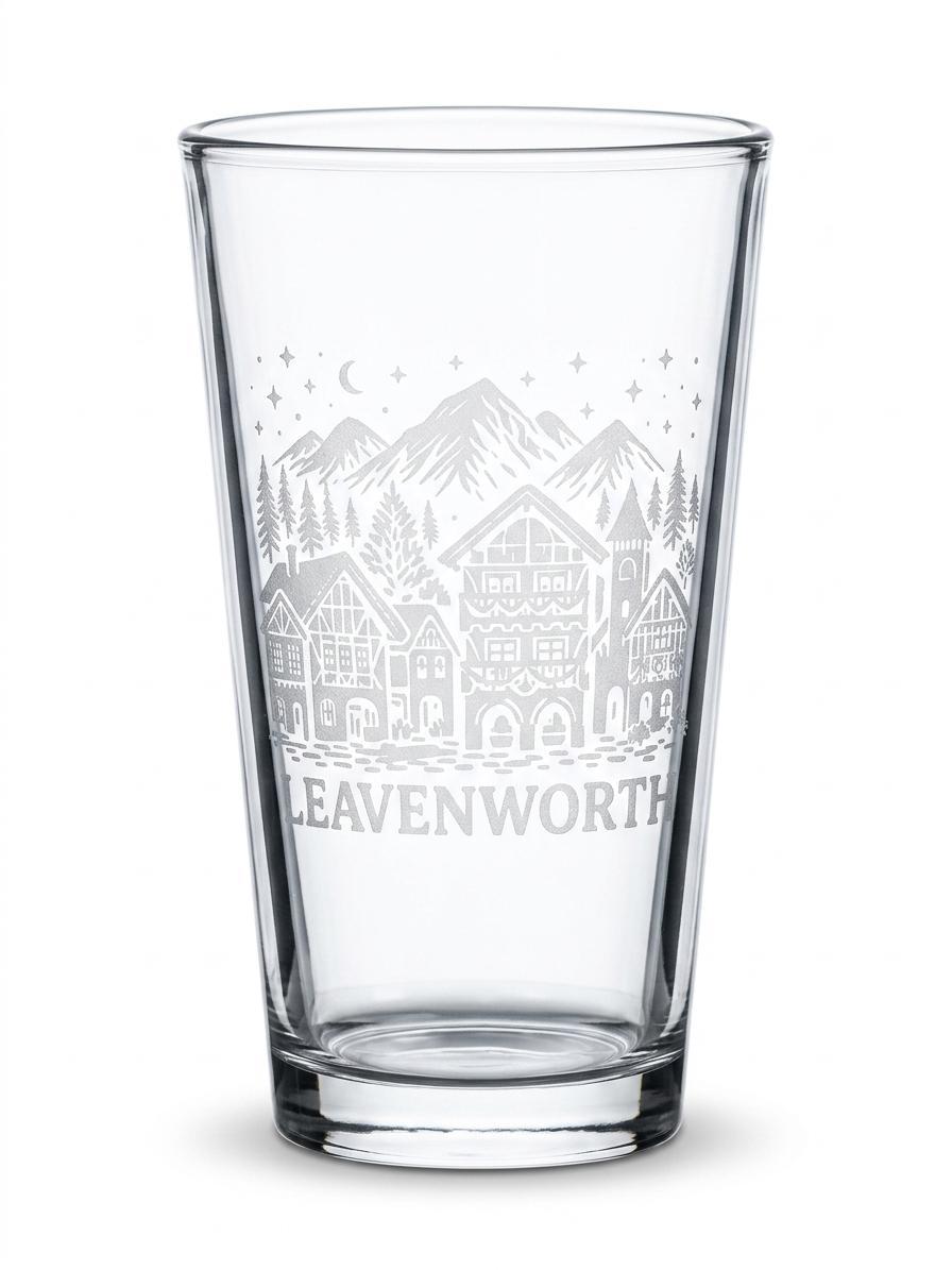 Leavenworth Bavarian Village Etched Pint Glass | 16oz Mountain Town Beer Glass