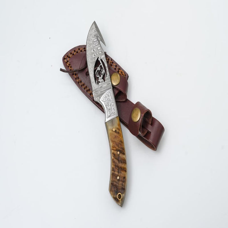 Titan International Wire-Cut Damascus Guthook Knife with Ram Horn Handle