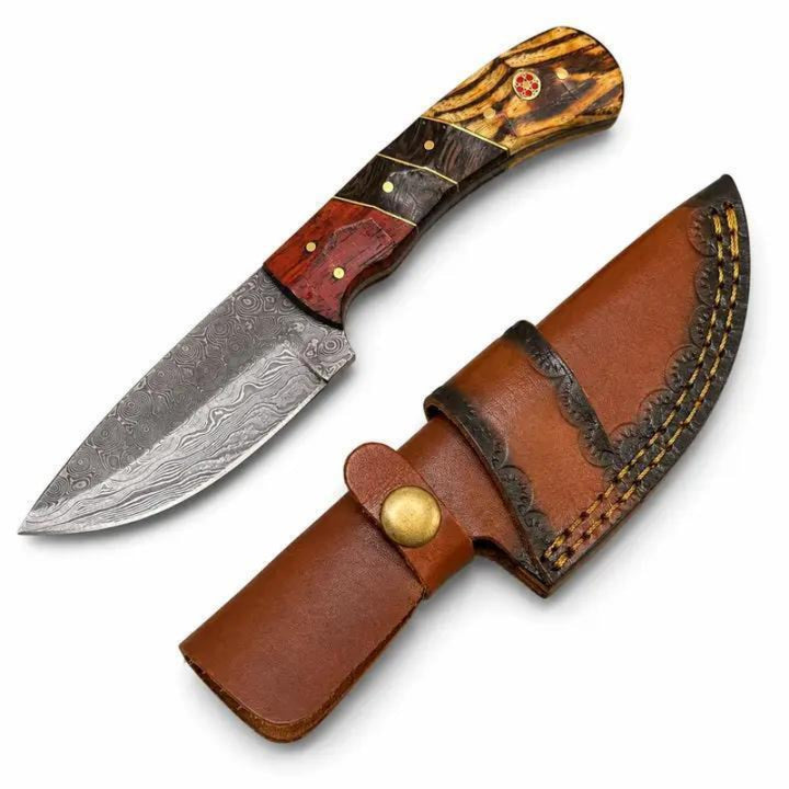 Titan Hand-Forged Damascus Drop Point Skinning Knife – Tiger Bamboo, Wenge &amp; Rosewood