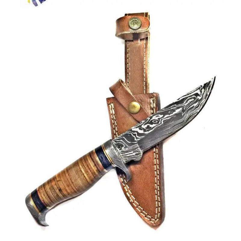 Titan International Titan Damascus Camp &amp; Hunting Knife – Leather Handle