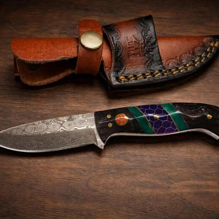 Hand-Forged Damascus Steel Drop Point Outdoor Utility Tool Dark Wood, Green Resin &amp; Purple Honeycomb Handle