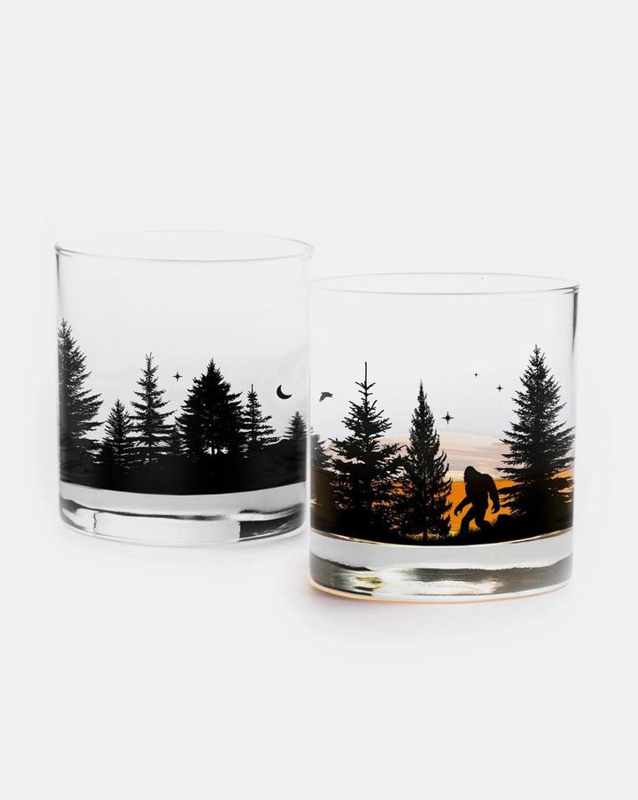 Bigfoot in the Forest Whiskey Glasses
