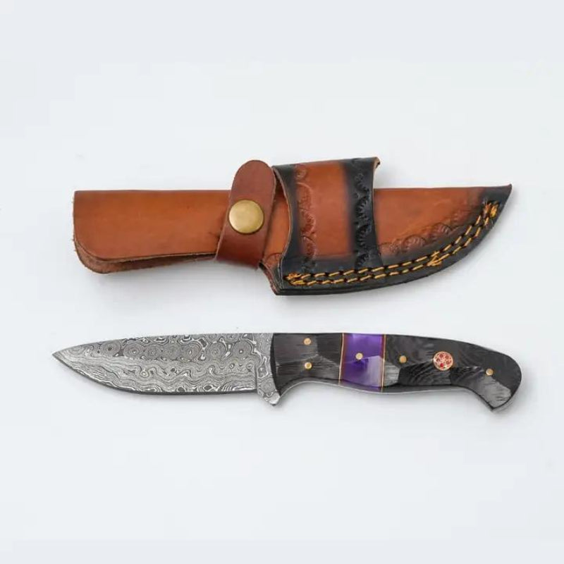 Titan International Titan Damascus Steel Fixed Blade Knife with Wenge Wood & Purple Resin Handle