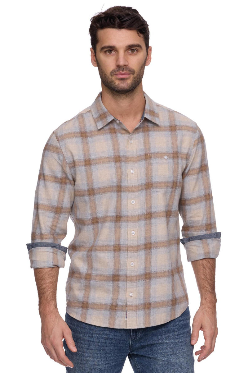 Flag &amp; Anthem Whatley LS Flannel Shirt Taupe/Grey - Front View