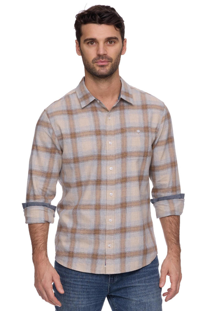 Flag &amp; Anthem Whatley LS Flannel Shirt Taupe/Grey - Front View