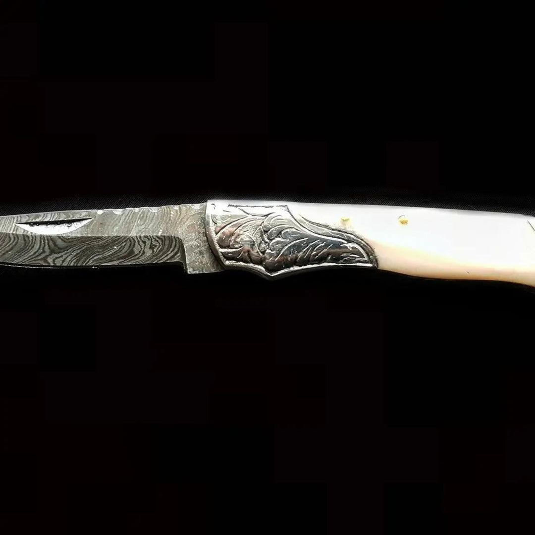 Damascus Camel Bone Folding Knife
