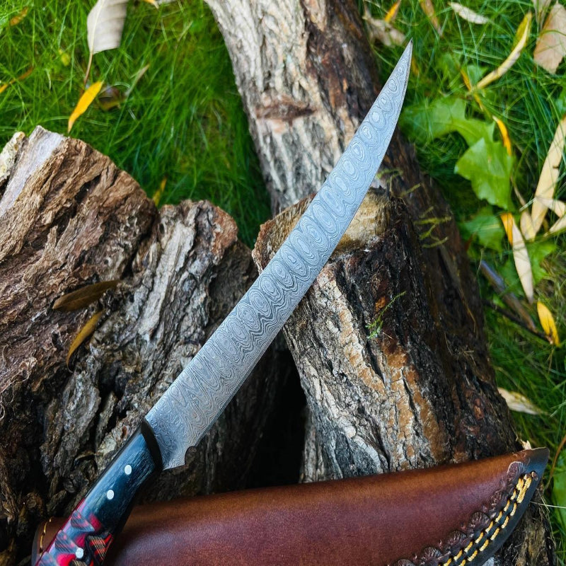 Titan International Damascus Steel Custom Flay Knife with Craved Grips