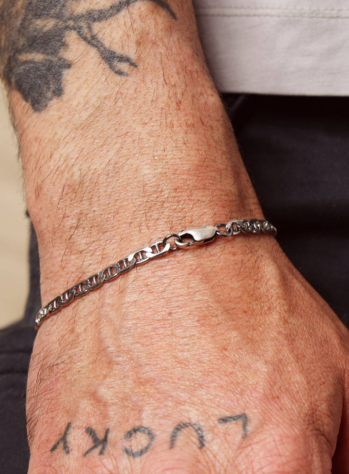 925 Oxidized Sterling Double Anchor Chain Bracelet for Men