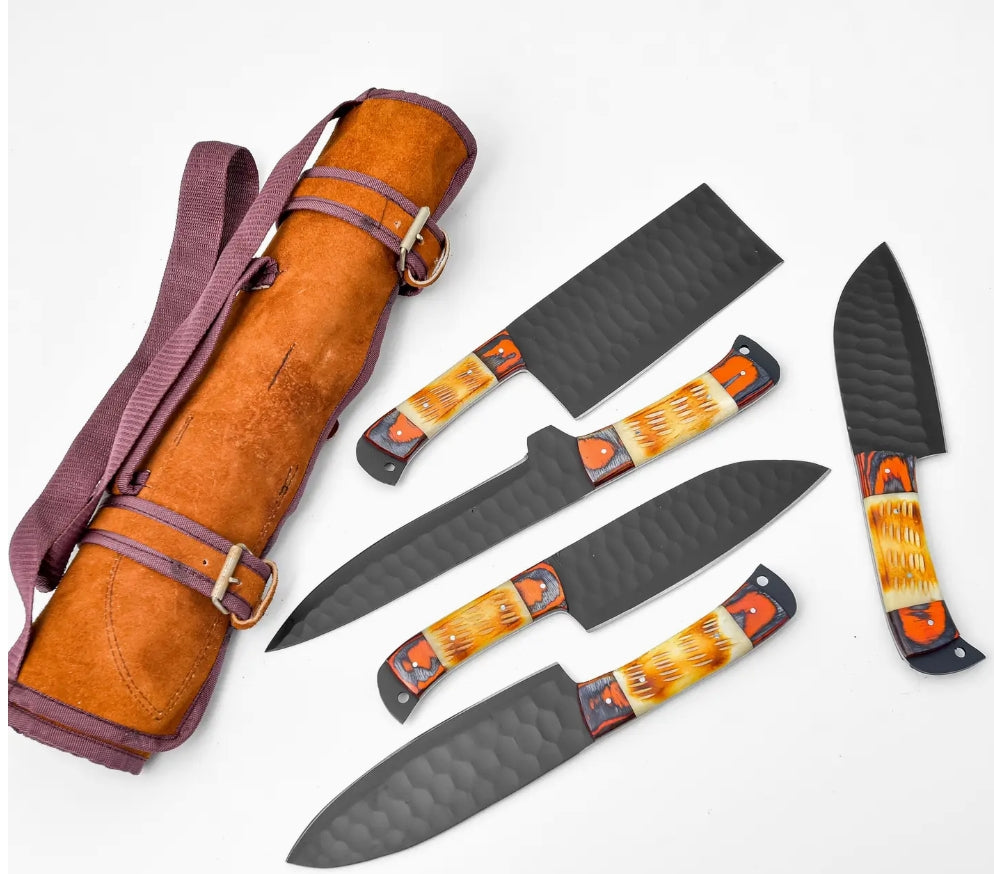 5-Piece Knife Set W/ Leather Carry Bag - Burnt Bone