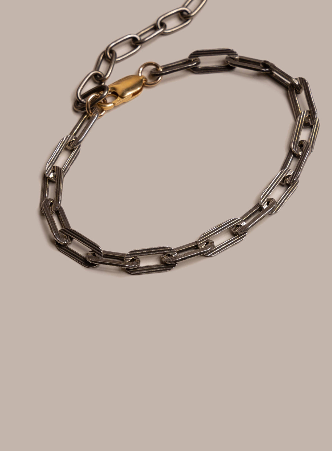 925 Oxidized Sterling Silver Textured Cable Chain with 14k Gold Filled Contrast Clasp Bracelet for Men
