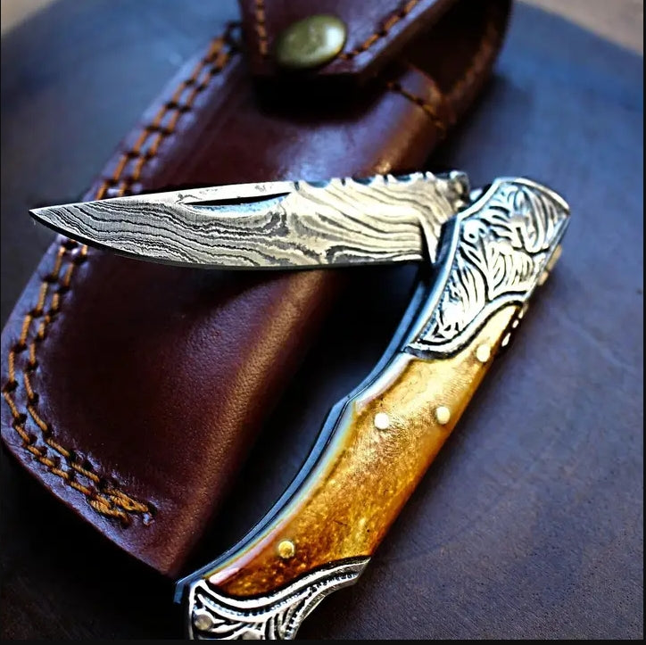 Damascus Steel Handmade Pocket Knife with Burnt Bone Handles