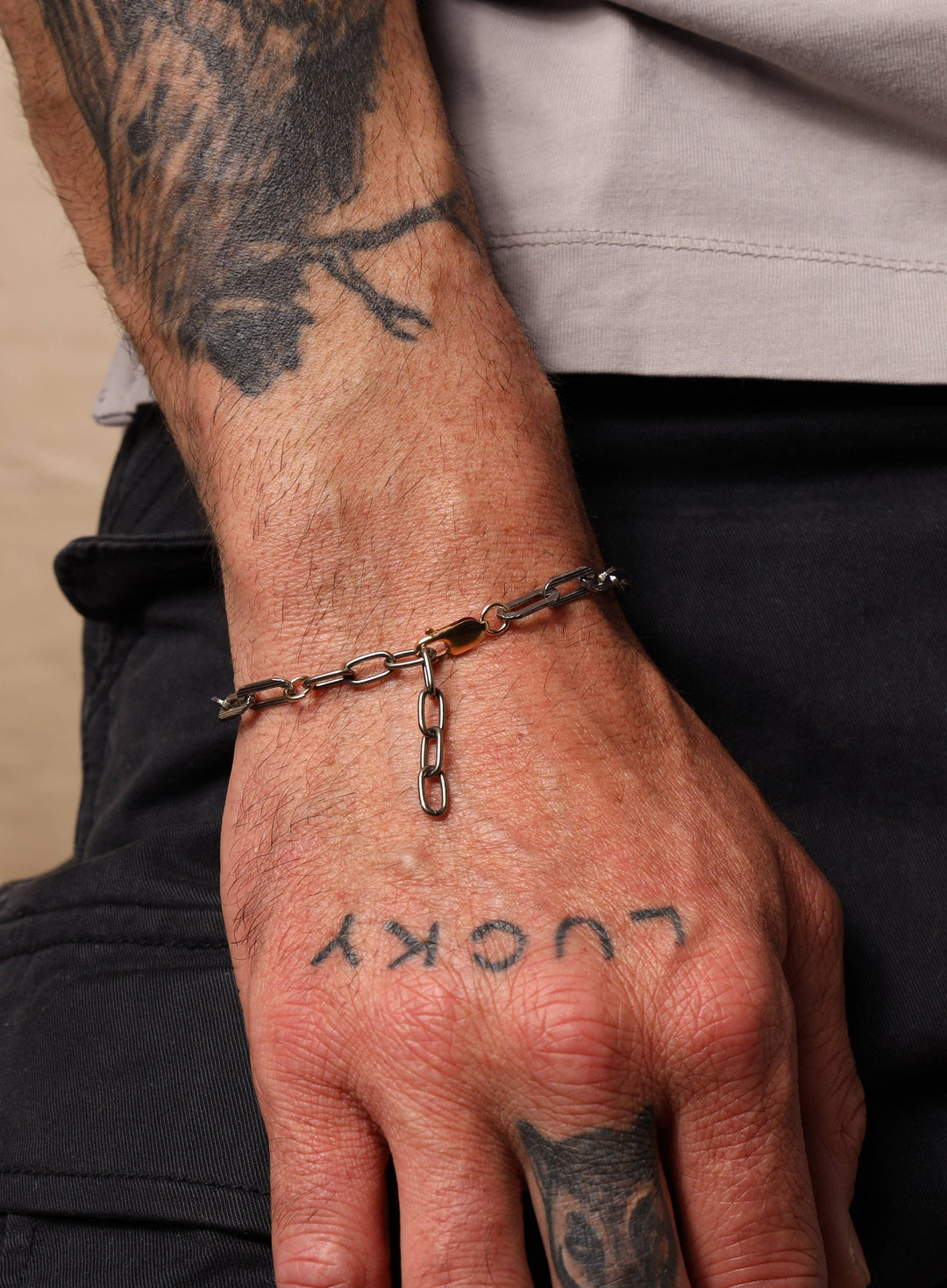 925 Oxidized Sterling Silver Textured Cable Chain with 14k Gold Filled Contrast Clasp Bracelet for Men
