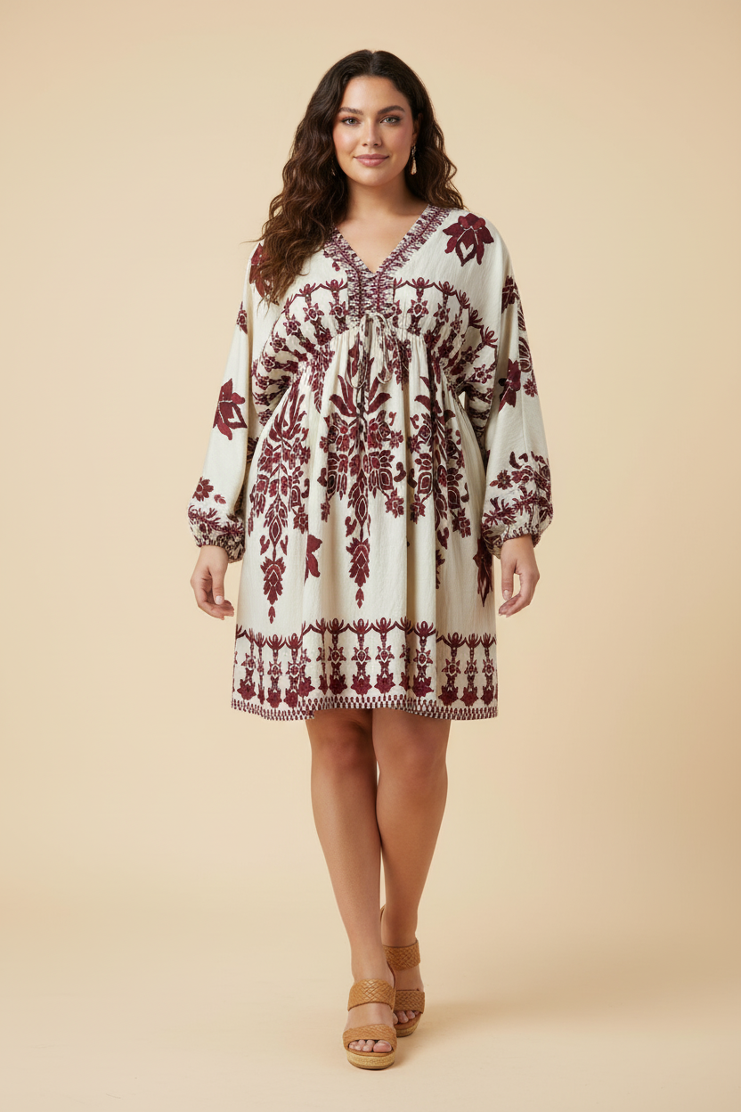 Hayden Floral Print Long Sleeve Midi Dress - Burgundy
