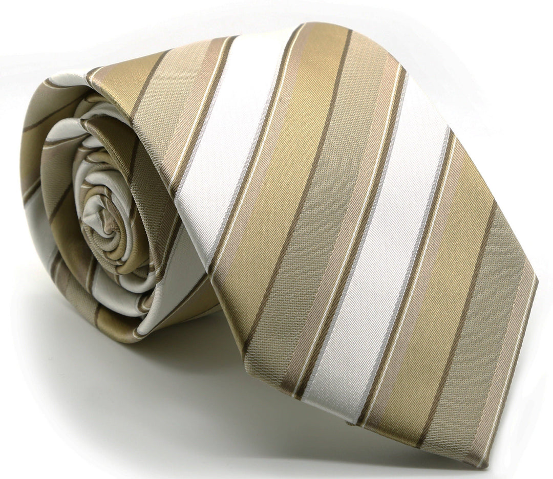 Mens Dads Classic Beige Striped Pattern Business Casual Necktie &amp; Hanky Set U-7