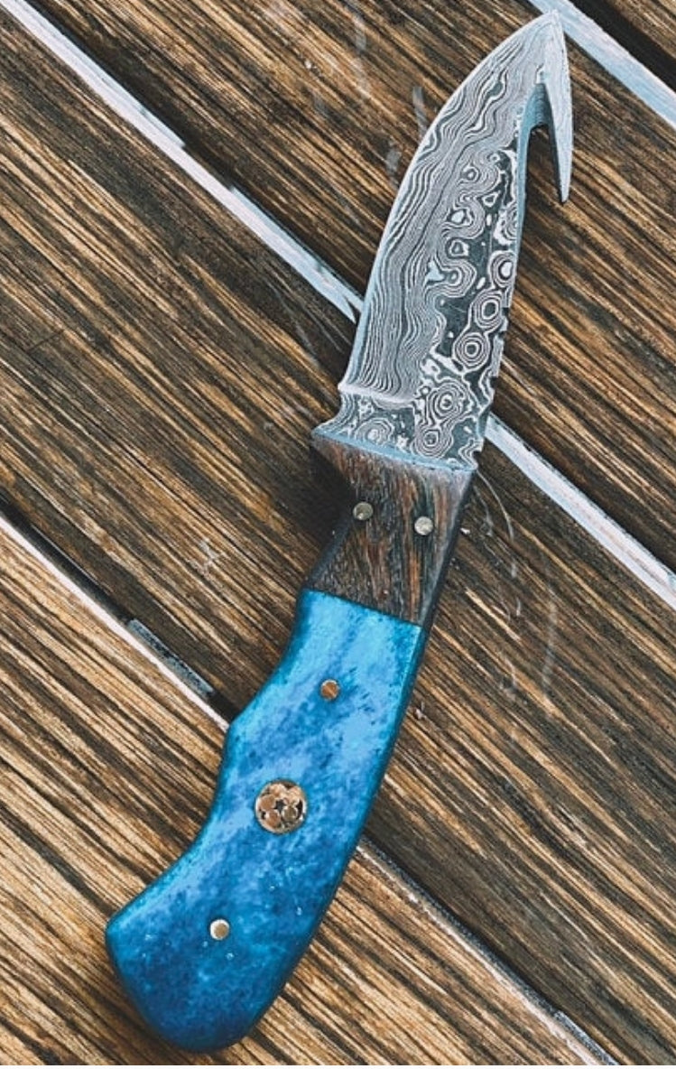 Blue Dyed Bone Gut-Hook Knife