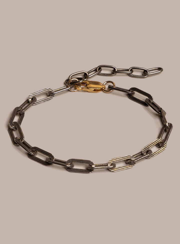 925 Oxidized Sterling Silver Textured Cable Chain with 14k Gold Filled Contrast Clasp Bracelet for Men