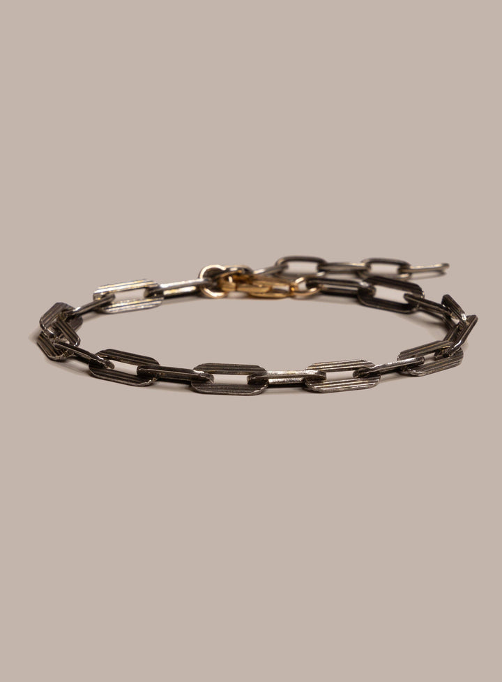925 Oxidized Sterling Silver Textured Cable Chain with 14k Gold Filled Contrast Clasp Bracelet for Men