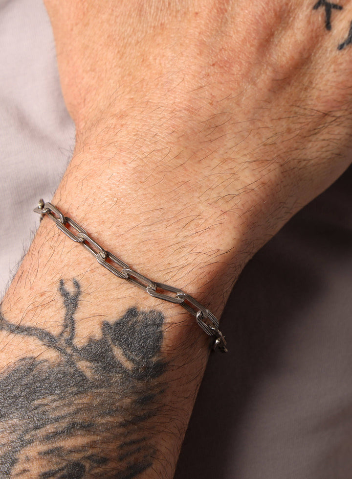 925 Oxidized Sterling Silver Textured Cable Chain with 14k Gold Filled Contrast Clasp Bracelet for Men