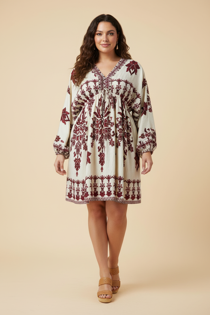 Hayden Floral Print Long Sleeve Midi Dress - Burgundy