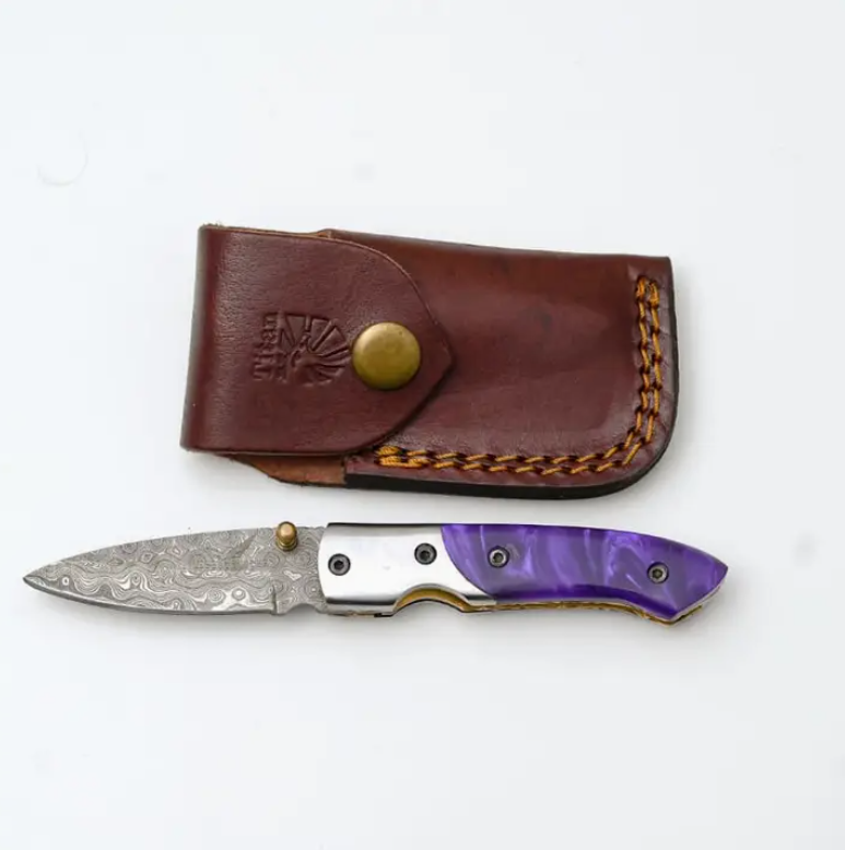 Titan Handmade Damascus Amethystedge Folding Pocket Knife with Purple Resin Handle &amp; Leather Sheath | Edc Camping &amp; Hunting Knife