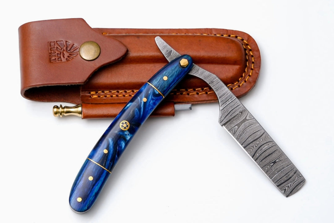 Damascus Straight Razor w/Blue Resin Handle