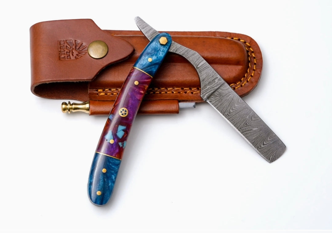 Damascus Straight Razor w/Blue &amp; Purple Resin Handle