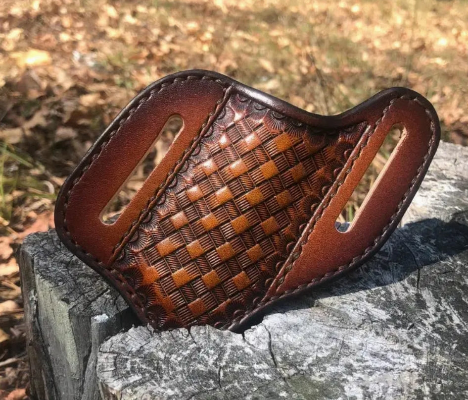 Handcrafted Leather Pancake Holster with Basketweave Design