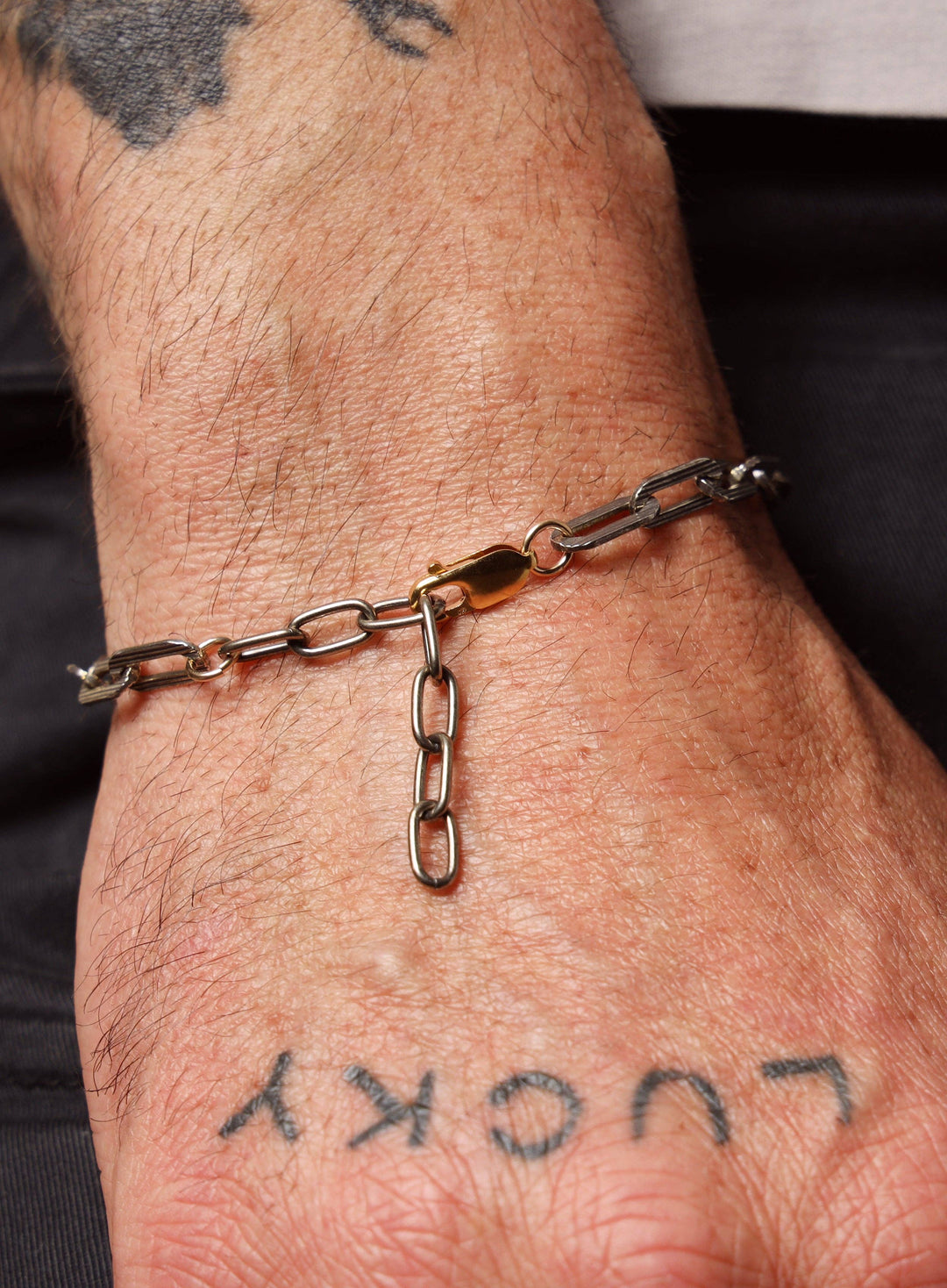 925 Oxidized Sterling Silver Textured Cable Chain with 14k Gold Filled Contrast Clasp Bracelet for Men