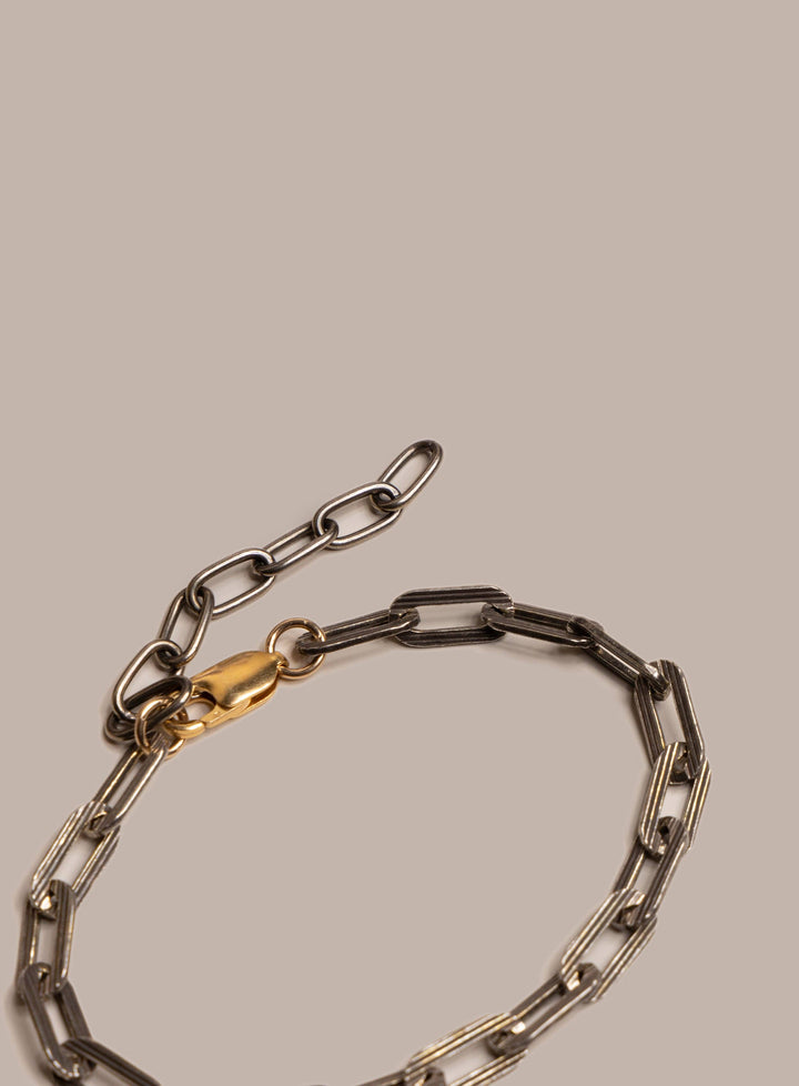 925 Oxidized Sterling Silver Textured Cable Chain with 14k Gold Filled Contrast Clasp Bracelet for Men