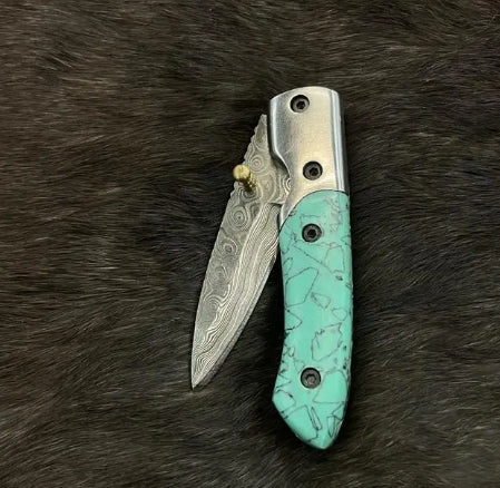Titan Azureglide Damascus Steel Turquoise Pocket Knife