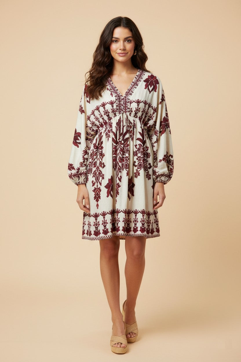 Hayden Floral Print Long Sleeve Midi Dress - Burgundy
